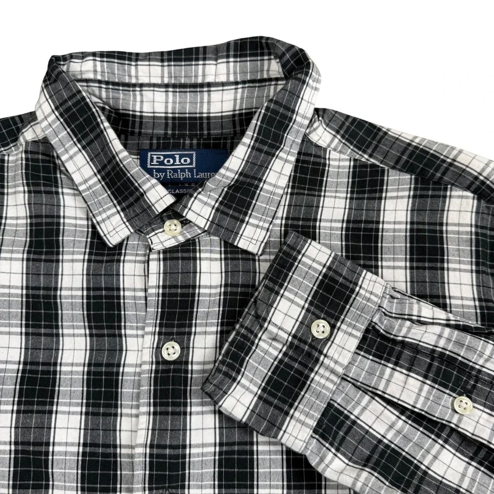 Polo Ralph Lauren Button Down Men XL Black White‎ Plaid Classic Fit Cotton Shirt